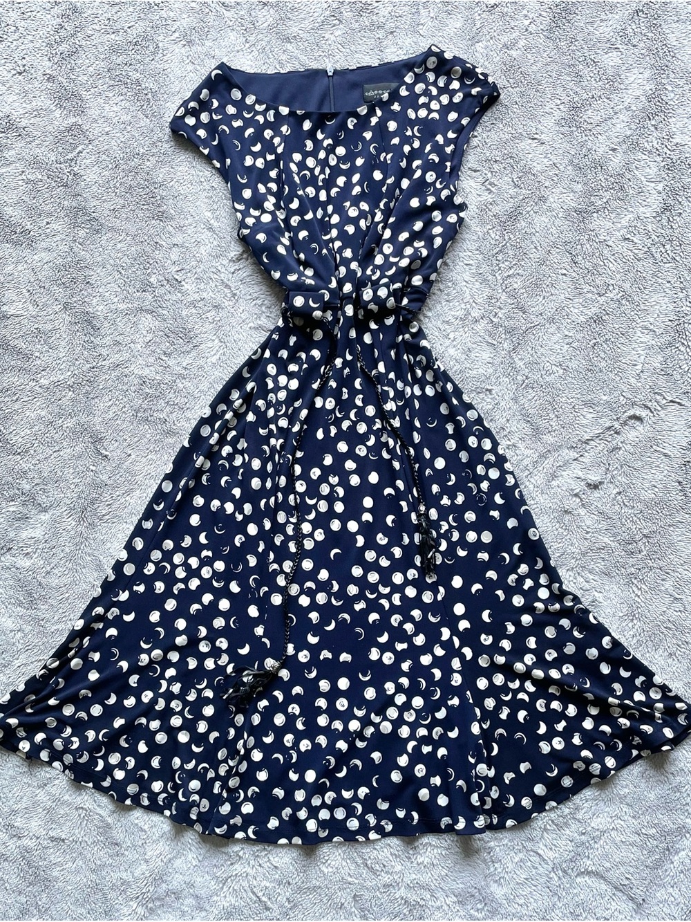Navy and White Crescent Moon Midi Dress With Belt